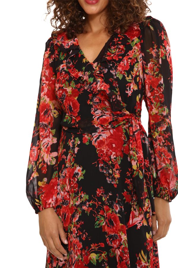 Women's Long Sleeve Chic and Versatile Chiffon Ruffle Faux Wrap Dress
