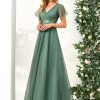 Women's Mother of Bride Dress Double V-Neck Empire Waist Front Wrap Tulle Bridesmaid Dress 07962