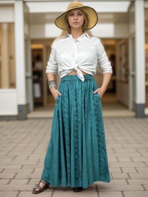 Women's 2025 Summer A Line Flared Floral Embroidered Panel Flowy High Waisted Maxi Skirt