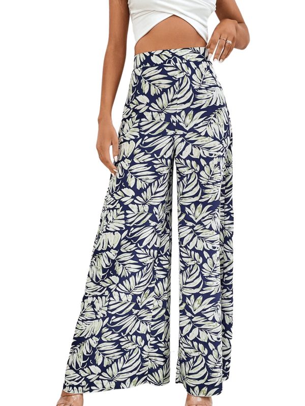 Women's Boho Floral Print High Waist Wide Leg Pants Loose Fit Trousers