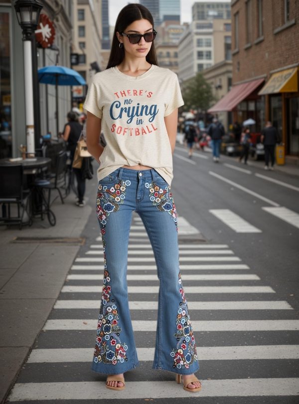 Womens Floral Embroidered Bell Bottom Jeans Stretchy Denim Flared Pants Mid Rise Vintage Bootcut Casual Trousers